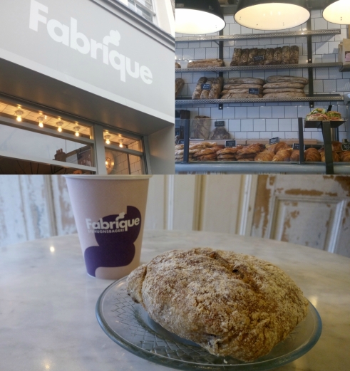 Bollito de pan con nueces artesanal y un café delicioso en la panadería Fabrique de notting Hill en Portobello Road, Londres.